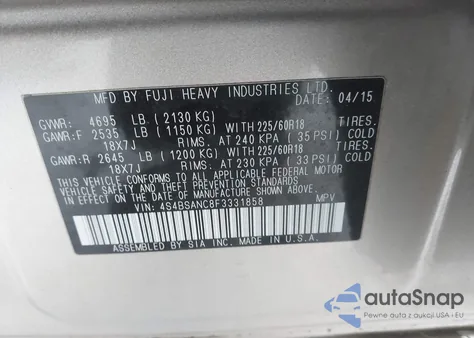 2015 Subaru Outback 2.5I Limited z USA, uszkodzony, nr VIN 4S4BSANC8F3331858